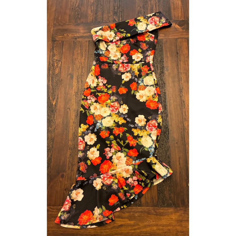 Another_Story Midi Dress Floral One Shoulder Asymmetrical Ruffle Hem Women Small